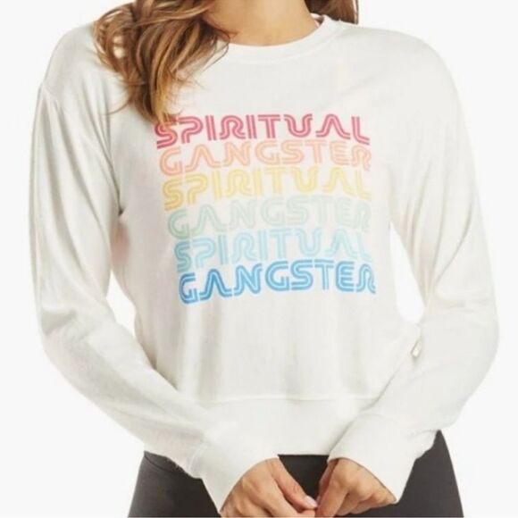 Spiritual Gangster L Savasana Crewneck Soft White Rainbow Lettering Pullover - Picture 1 of 16